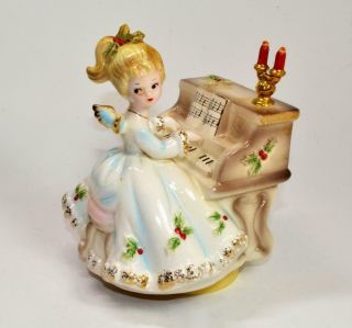 Rare 50s Josef Originals Porcelain Christmas Angel Girl Playing Piano Music Box