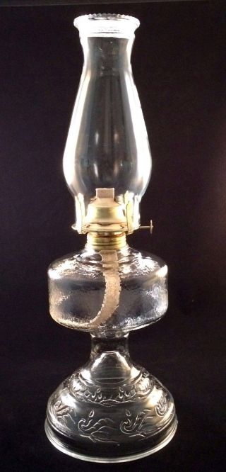 Vintage Large Clear Glass Hurricane Oil Lamp W/beaded Globe,  Burner & Wick