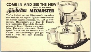 Vintage Advertising Postcard Sunbeam Mixmaster Model 10 Mixer C1940s