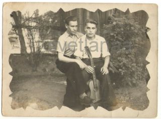 1940s Two Young Men Friends Music Guitar Couple Guys Hugging Ussr Vintage Photo