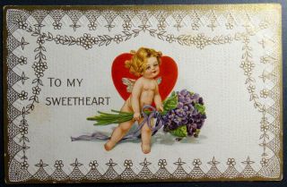 Postcard Valentine - To My Sweetheart Cupic With Bouquet Purple Flowers