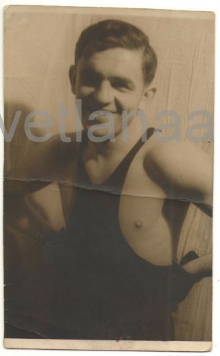 1953 Wrestler Young Man Guy Smiling Athlete Shirtless Soviet Sport Vintage Photo