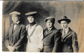 Early 1900s Rppc 4 Dapper Lads Young Men Sailor Dressed Up Us Navy? Fancy Hats