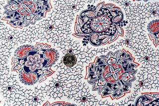 Vintage Feedsack Cotton Fabric Red White Blue Flowers,  Leaves Geometrics