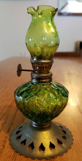 Vintage Green Glass Miniature Kerosene Oil Lamp Hong Kong Fancy Metal Base