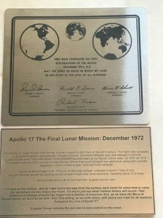 Apollo 17 Nasa Lunar Landing Plaque - Last Mission,  Engraved Explanation Plate