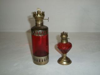 Two Vintage Retro Red Kerosene Oil Lamp Lanterns Miniature Panel Kero