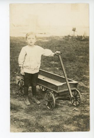Cute Boy W American Coaster - Brand Toy Wagon Rppc Rare Antique Photo 1910s