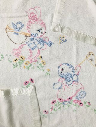 Vintage Embroidered Bunny Blue Bird Satin Trim White Baby Crib Blanket 33 " X 28 "