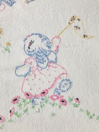 Vintage Embroidered Bunny Blue Bird Satin Trim White Baby Crib Blanket 33 