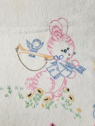 Vintage Embroidered Bunny Blue Bird Satin Trim White Baby Crib Blanket 33 