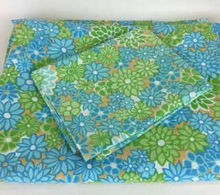 Vtg Floral Twin Flat Sheet Pillow Case Mod Flower Power Boho Montgomery Ward Set