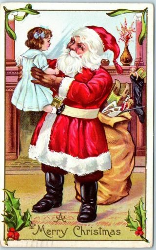 Vintage Santa Claus Christmas Postcard Red Suit,  Holding Doll - 1911 Cancel