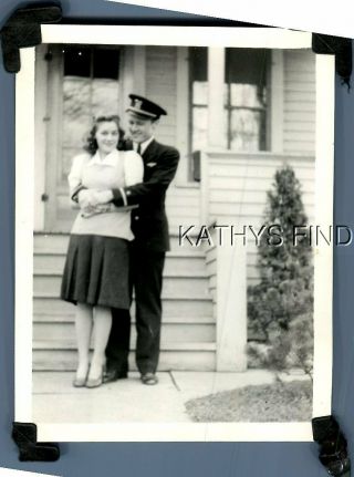 Found B&w Photo N,  3474 Soldier Posed Hugging Woman In Dress From Behind