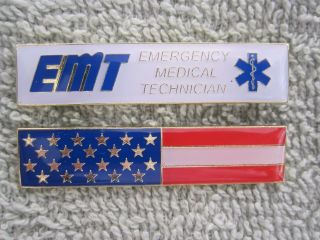 American Flag & Emt Enamel Citation Bar Uniform Pin Two Pc Badge Set