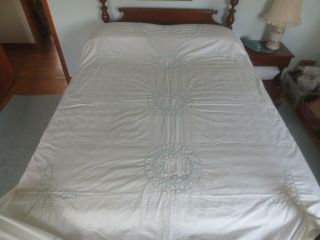 Vintage Blue Hand Embroidered White Cotton Quilt Top - 82 " X 104 "