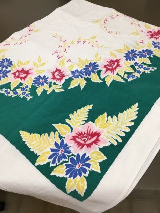 Vtg Heavy Cotton Printed Tablecloth Deep Green Border Floral Bleeding Hearts G10