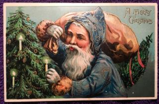 Antique C.  1908 Christmas Embossed Santa Postcard Blue Robe = Made In Germany