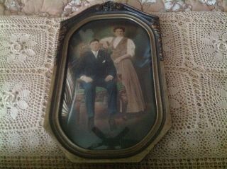 Antique Octagon Framed Convex Glass Hand Colored Portrait Photo Of Man & Woman