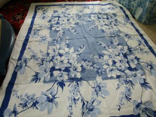 Vintage 1940s 50s Blue And White Floral Cotton Tablecloth