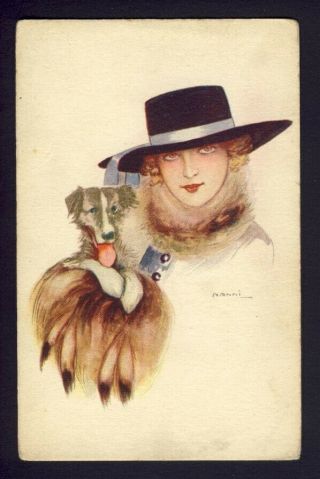 Art Deco - Nanni A/s - Woman Wide Brimmed Black Hat Holding Tiny Dog
