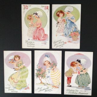 Signed Agnes Richardson Birthday Postcards (5) Bonneted Girls,  Flowers - Cute