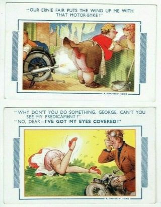 Bamforth Comic Motorcycle Postcards Stockings Etc Vintage C.  1950