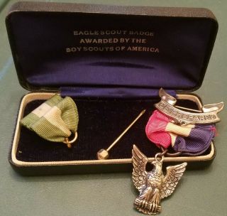 Vintage Sterling Silver Eagle Scout Boy Scout Award Ribbon Medal Pin Orig.  Box