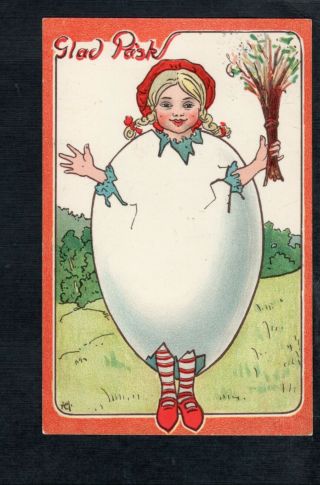 C480 Postcard Easter Child In Braids Dressed In Egg Stripped Socks 1908