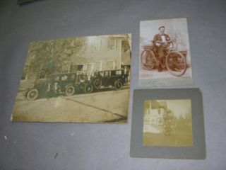 Vintage 1928 Photo Of 2 Antique Cars & 2 Photos Of People On Bicycles