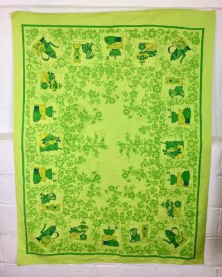 Vintage 1970’s Avocado Green Cotton Printed Tablecloth,  Fun