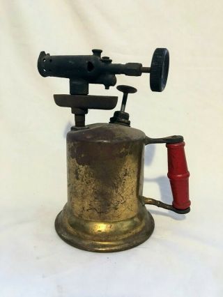 Otto Bernz Co Vintage Antique Gas Blow Torch Brass With Red Wood Handle