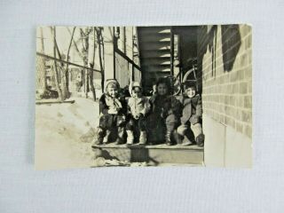 Vintage Black & White Snapshot Bundled Up Kids On Porch Snow B&w Photograph
