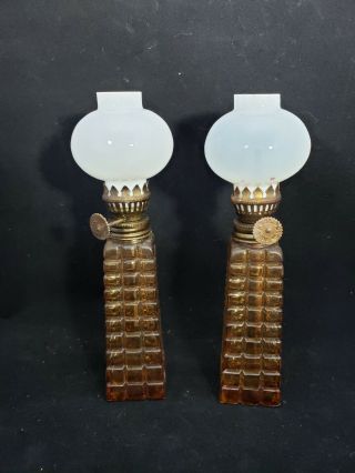 Miniature Oil Lamps Amber Cut Glass Hong Kong Set Of 2