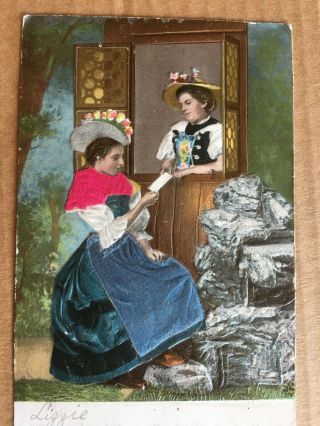 Vintage Postcard - Ladies In Bavarian Dress,  Real Silk 1906