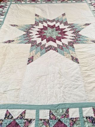 Vintage Hand Quilted Lone Star W Ohio Star Borders Quilt 65 " X 80 "