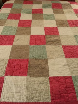 Handsome Hand Crafted Vintage Hand Quilted Color Block Quilt 66 " X 82 "