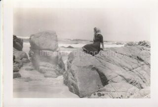 Vintage Found Photo Bw A Woman Wearing A Scarf On The Rocks By The Sea 97 14 U