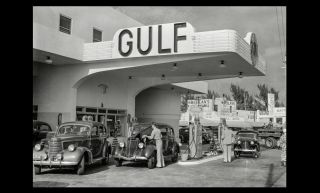 1939 Vintage Gulf Gas Station Photo Service Station Pumps Oil Cans Attendants