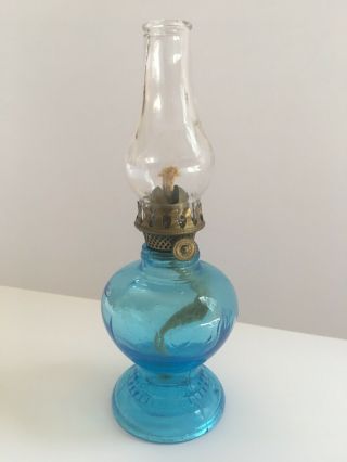 Antique Miniature Handy Lt Blue Oil Lamp 7 1/2 Inches