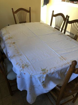 Vintage Fine Linen Embroidered Large 92”x 65” Tablecloth