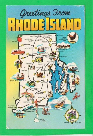 Postcard Greetings From Rhode Island Map Violet State Flower Vintage 7421