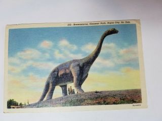 Vintage Postcard,  Linen,  Brontosaurus,  Dinosaur Park,  Rapid City,  Sd 1954