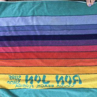 Vintage 1980s Ron Jon Surf Shop Beach Towel Large Terry Cloth Rainbow 5