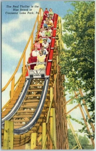 1940s Conneaut Lake Park Pa Postcard Blue Streak Coaster Amusement Park Linen