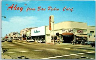 1960s " Ahoy From San Pedro " California Postcard Street Scene Thrifty Drug Store