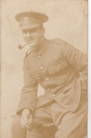 Old Vintage Photo Military Soldier Uniform Cap Smoking Pipe F2