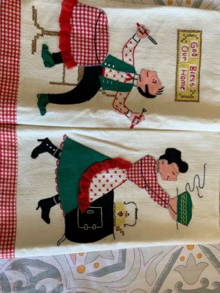 Vintage Americana Linen Hand/dish Towel Set Of 2 Applique & Embroidered