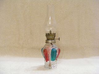 (95) Miniature Clear Glass Oil Lamp With Red And Green Design,  Clear Glass Globe
