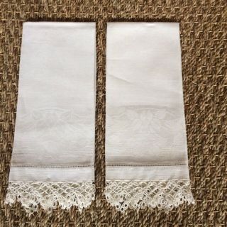 Antique Vintage Huck Linen Hand Towels With Tatted Edges